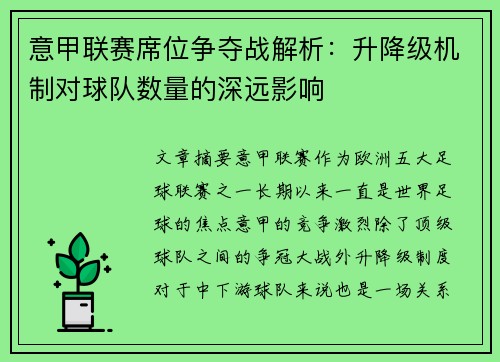 意甲联赛席位争夺战解析：升降级机制对球队数量的深远影响