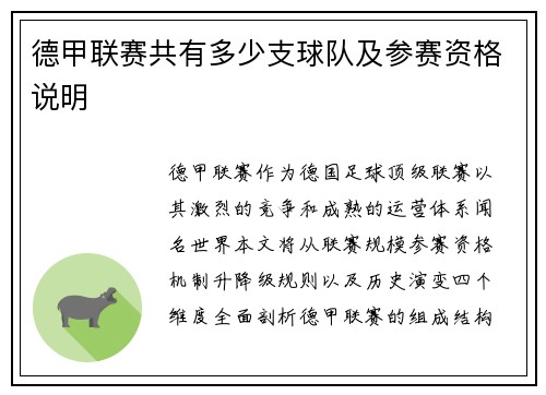 德甲联赛共有多少支球队及参赛资格说明
